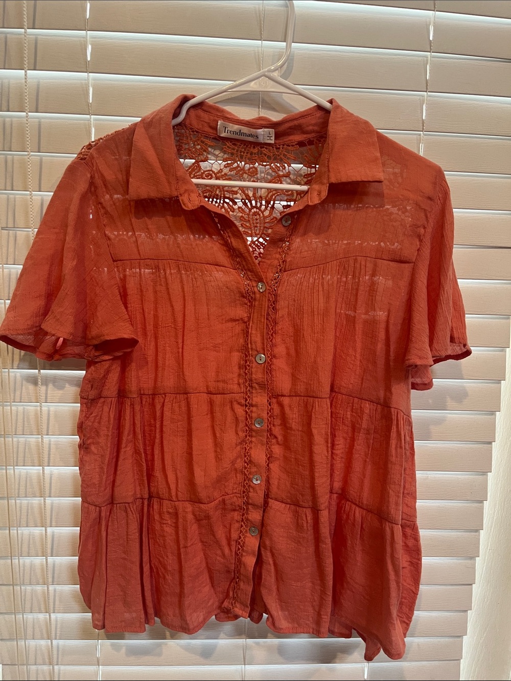 Trendmates Women's Rust Lace-Yoke Button Front Blouse